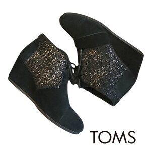 10 Toms Suede Leather Black + Metallic Textile Lace-up Ankle Booties Wedge Heel